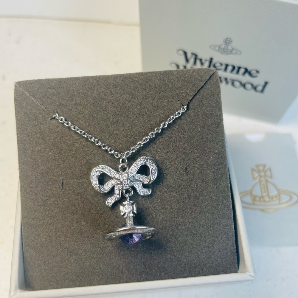 Vivienne Westwood OCTAVIE Silver Saturn orb Purple Crystal Necklace